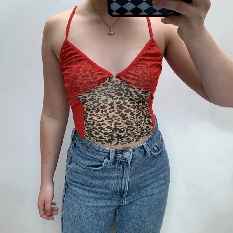 2020 metų vasaros ponios sexy leopardas spausdinti pieno šilko ir akies camisole camisole susiuvimo liemenė raudona