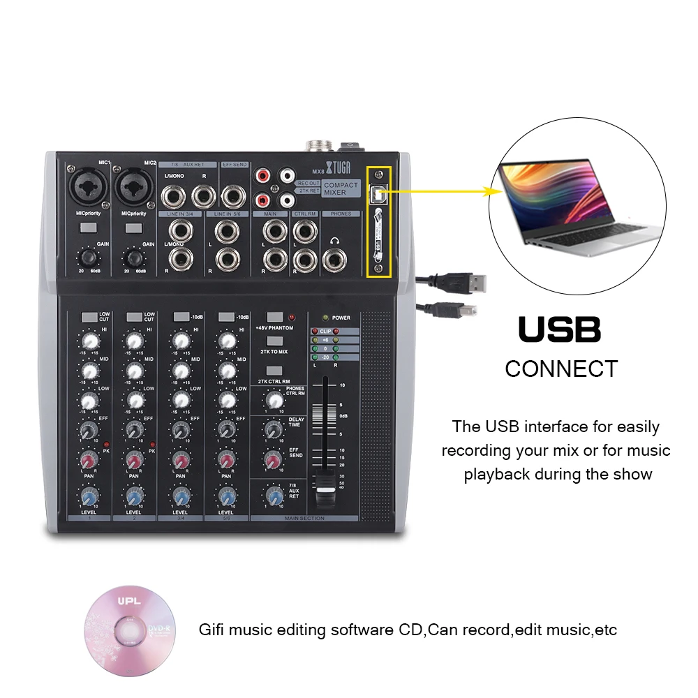 XTUGA MX8 8 Kanalai, 3-Band EQ, Garso Muzikos Maišytuvas Maišymo Konsolės su USB XLR LINE Įvesties 48V Phantom Power Įrašymo DJ Scenos