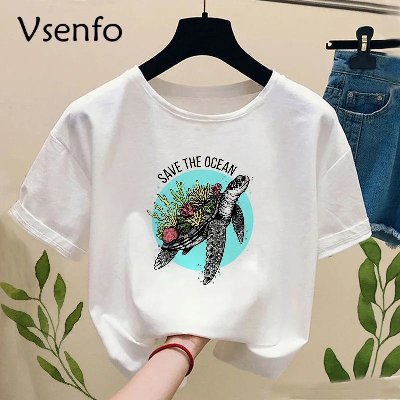 Išsaugoti Vandenyno Vėžlys Spausdinti Moterų Mados Marškinėliai, Gamtosaugininkas Stiliaus trumpomis Rankovėmis Marškinėliai Veganų T-shirt Mergina Boho Tee
