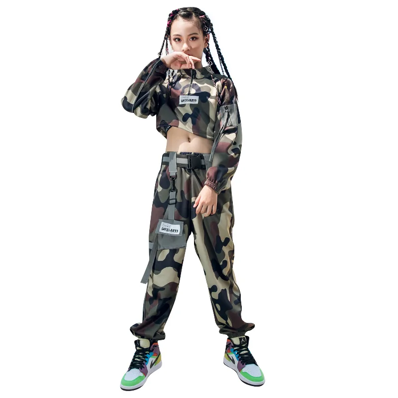 Vaikams Hip Hop Šokių Kostiumas Mergaitėms Kamufliažas Viršūnes Kelnes Rudenį ilgomis Rankovėmis Nustatyti Šiuolaikinės Hiphop Komplektus Etape Parodyti Rave Dėvėti BL4970