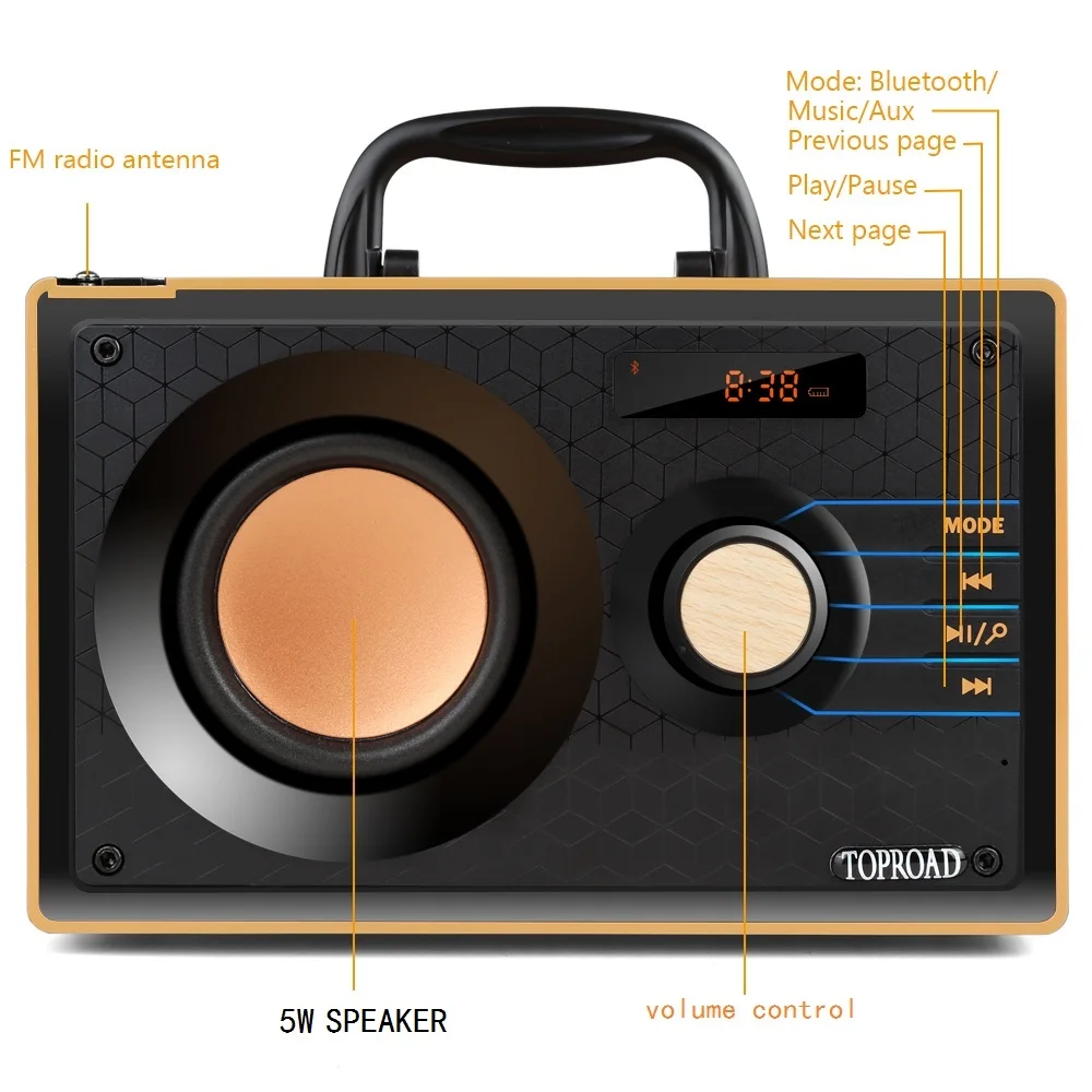 TOPROAD Portable Bluetooth Speaker Wireless Stereo Bass 