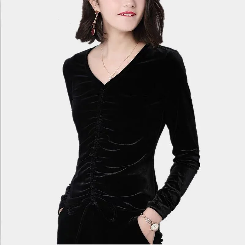 Žiemos Moteris Derliaus Elegantiškas Marškinėliai Rudenį Kieto V-Kaklo Raišteliu Slim Fit Long Sleeve Aksomo T-Shirt Plus Size Vestidos M-8XL