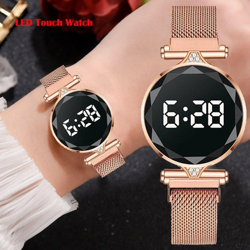 Mados LED Skaitmeniniai Laikrodžiai Moterų Sporto Žiūrėti Ponios Laikrodis Elektroniniai Laikrodžiai Tinklelio Diržo Moterų Rose Gold Laikrodis