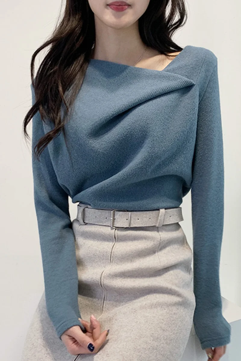ZCSMLL Korėja Prašmatnus Rudens ir Žiemos Elegantiškas Migla Pilka Dizaino Prasme Įstrižai Apykaklės Nereguliarus ilgomis rankovėmis Megztinis Džemperis Moterims