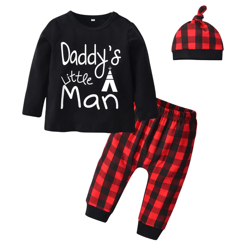Naujagimį Berniuką Drabužius Laišką Daddy ' s Little Man 3Pcs Long Sleeve T-shirt+Raudonas Pledas Kelnės+Hat Kūdikiams, Vaikiška Apranga Rinkinys