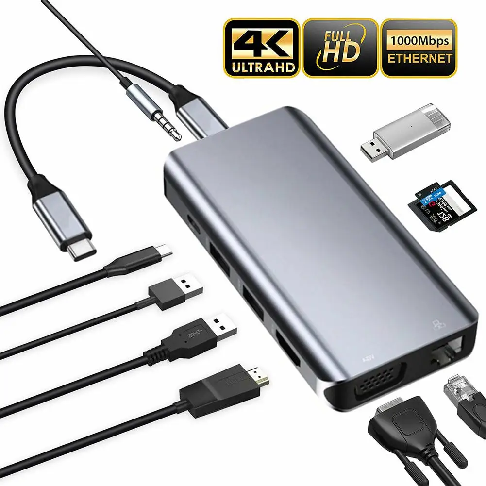 Tipas-C Hub 10 1 USB C Hub Multiports Adapteris Docking Station HDMI, VGA, 