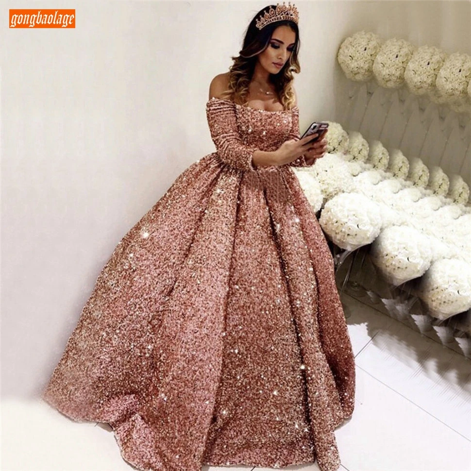 Sparkly Rožinė Keltas Suknelės Ilgomis Rankovėmis China Nėrinių Kamuolys Suknelė Vestidos De Fiesta Largos Elegantes De Gala 2020 Atspindintis Suknelė