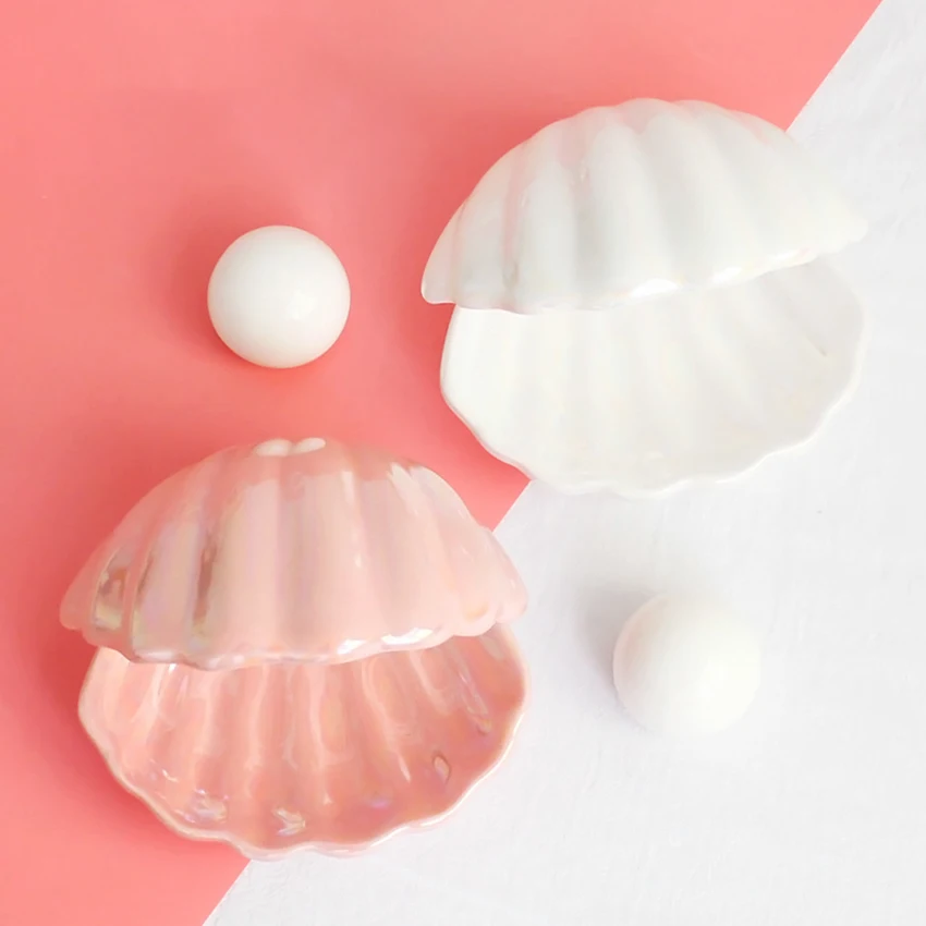 1pcs Keramikos Naktį Šviesos Darbalaukio Apdailos Shell perlų Formos Šviesos Miegamojo Lovos Lempos Rausva Balta LED Stalo Lempa Namų