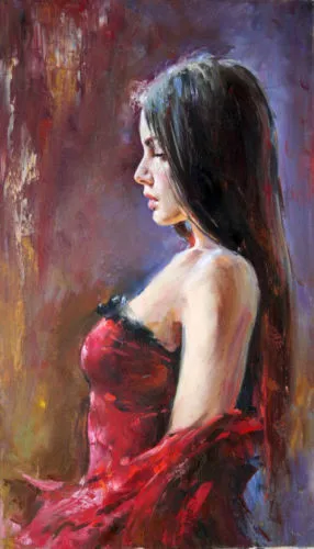 Rankų naftos tapyba:graži jauna mergina raudona suknelė naftos tapyba