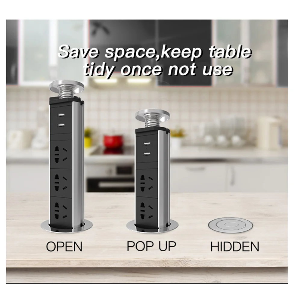 Pakelkite lizdas / EU plug Darbalaukio lizdas / aliuminio lydinys / Virtuvės lizdas /Stalai lizdas / 3 galios su USB įkrovimo 5V 2.1