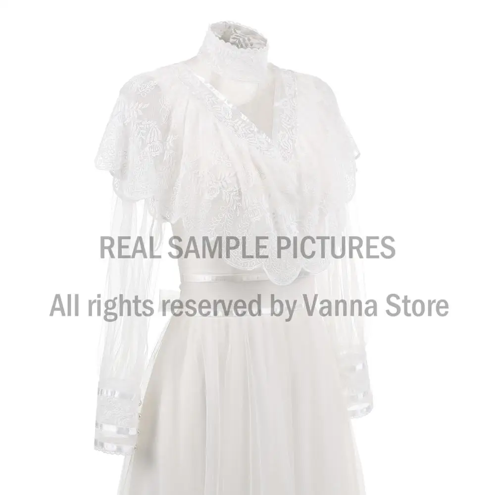 Aukštos Kaklo Tiulio Vestuvių Suknelė Medieva Viktorijos Vintage 