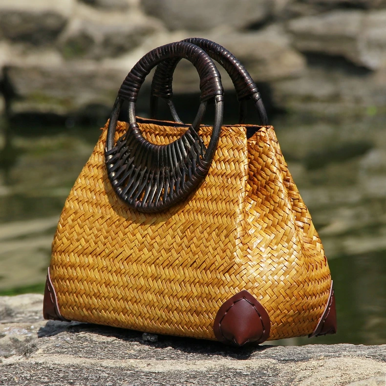 Tailando versija šiaudų maišą moteriškų rankų maišą mados retro vaza vynuogių maišelį kelionės paplūdimio krepšys bambuko medienos rankena rankinės