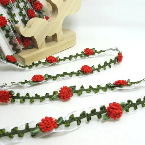 2 Metrų Raudona Austi Rokoko Juostelės Apdaila ant Šifono Kaspinu|Dekoratyvinių Gėlių Juostelės|Iškarpos Medžiagos|Drabužių|Dekoras
