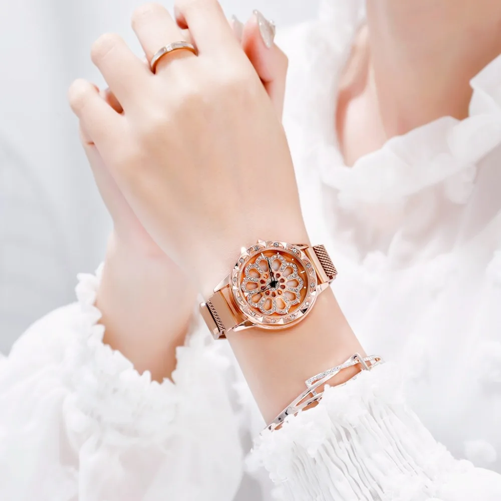 Moterų 360 Laipsnių Sukimosi Laikrodžiai Pasisekė Žiūrėti Fashion Rose Gold Ponios Kristalų Magnetas Kvarcinis Laikrodis Dovanos relogio feminino