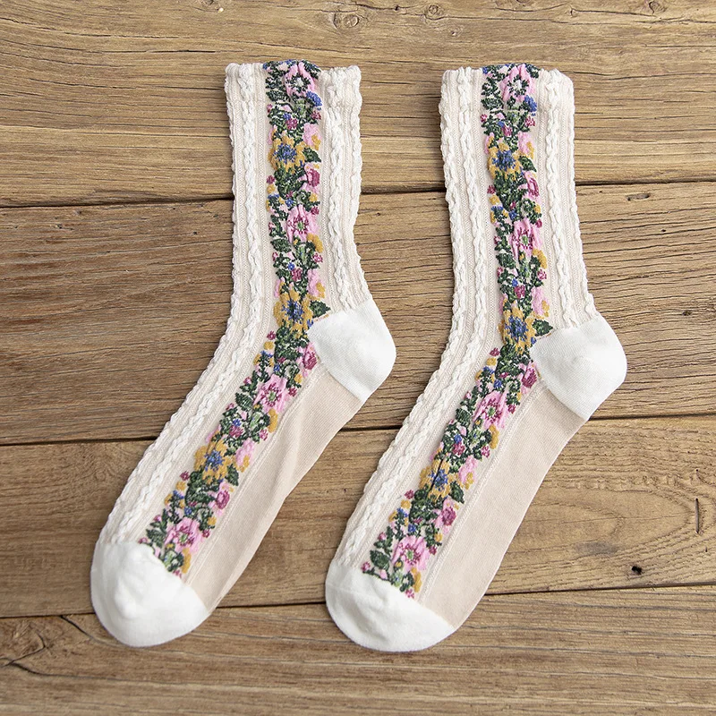 KMS Grynos medvilnės kvėpuojantis vamzdis kojinės retro mažų gėlių miško saldus lino modelis krūva kojinių Vienas Dydis 5 Poras, 5 spalvų
