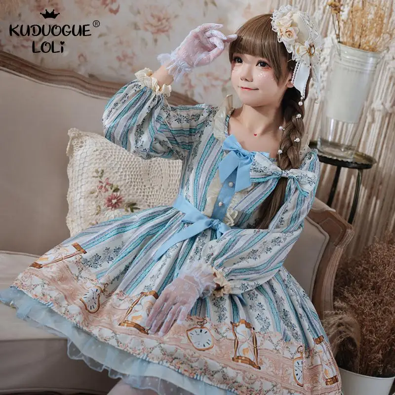 Japonijos Saldus Lolita Dress Senovinių Nėrinių Bowknot Mielas Spausdinimo Mėlyna Suknelė Viktorijos Kawaii Girl Gotikos Princesė Moterų Drabužiai