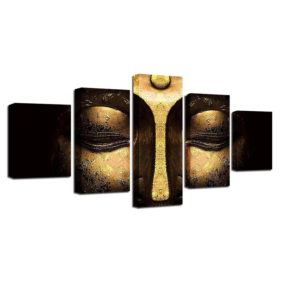 Sienos Menas Drobė HD Spaudinių Plakatas Namų Dekoro Nuotraukos, 5 vnt Auksinis Buda Taikios Veido Dažymas Modulinės Kambarį Sistema
