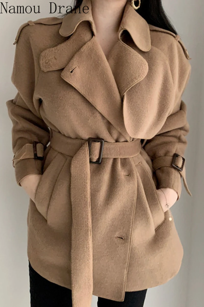 Korėjos rudens / žiemos šviesa prinokusių stiliaus Atvartas vieną krūtinėmis prarasti kišenėje šiltas du kartus susidūrė su vilnonis paltas su diržu moterims