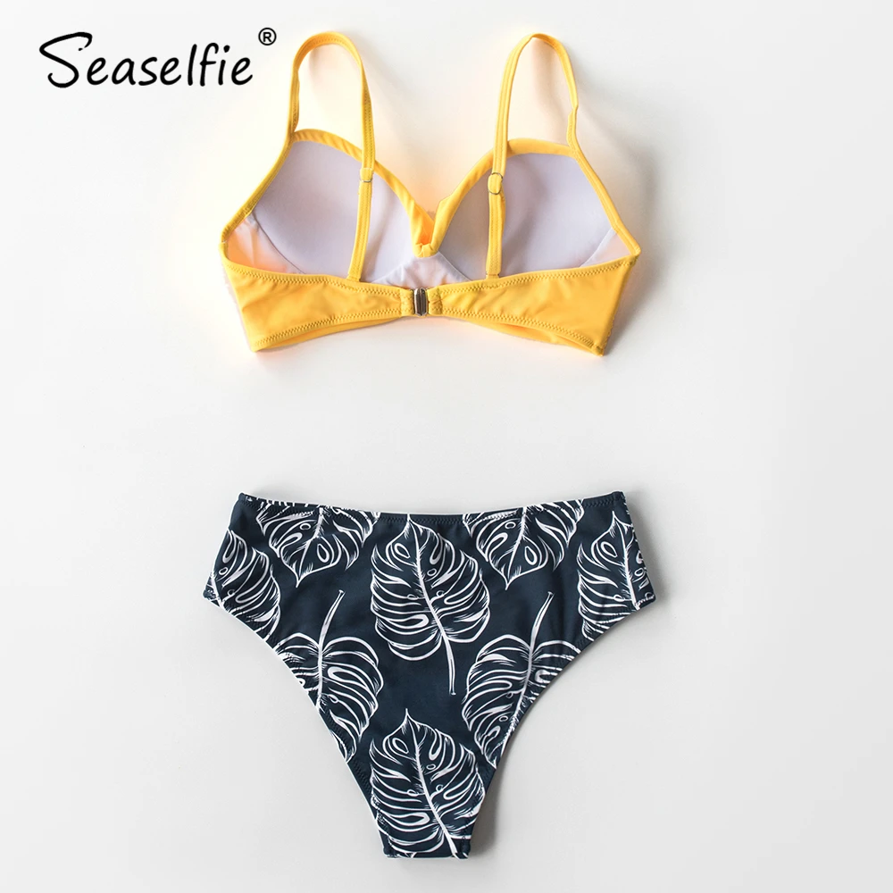 SEASELFIE Push Up Aukšto Juosmens Bikini Rinkiniai Moterims Seksualus Geltona ir Palmių Spausdinti Bikini Dviejų dalių Maudymosi 2021 Paplūdimio Plaukimo Kostiumas