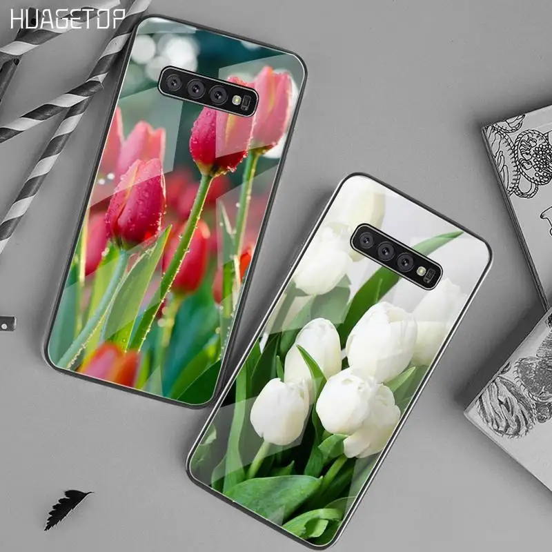 HUAGETOP Tulpės Gėlių Pavasario Shell Telefono dėklas Grūdintas Stiklas Samsung S20 Plius S7 S8 S9 S10 Plus Pastaba 8 9 10 Plius
