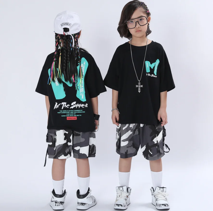 Mergaitės Berniukai Hip-Hop Šokių Drabužiai Vaikams Black Marškinėliai Topai Kamufliažas šortai Džiazo Pramoginiai Šokiai, Kostiumai Dancewear Komplektai