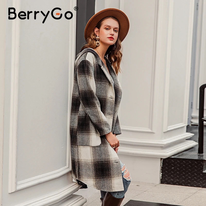 BerryGo Atsitiktinis palaidų mygtuką pledas su gobtuvu moterų palto Kišenės, kontrasto spalvų ilgas kailis ponios Šiltas rudens žiemos paltas 2020 naujas