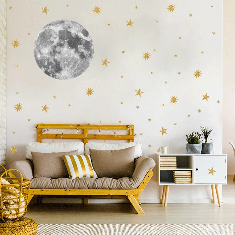 Mėnulis ir aukso žvaigždės Siena Lipdukas, vaikų kambariai, miegamojo fone, dekoracijos tapetai, Freskos Meno Lipdukai lipdukai
