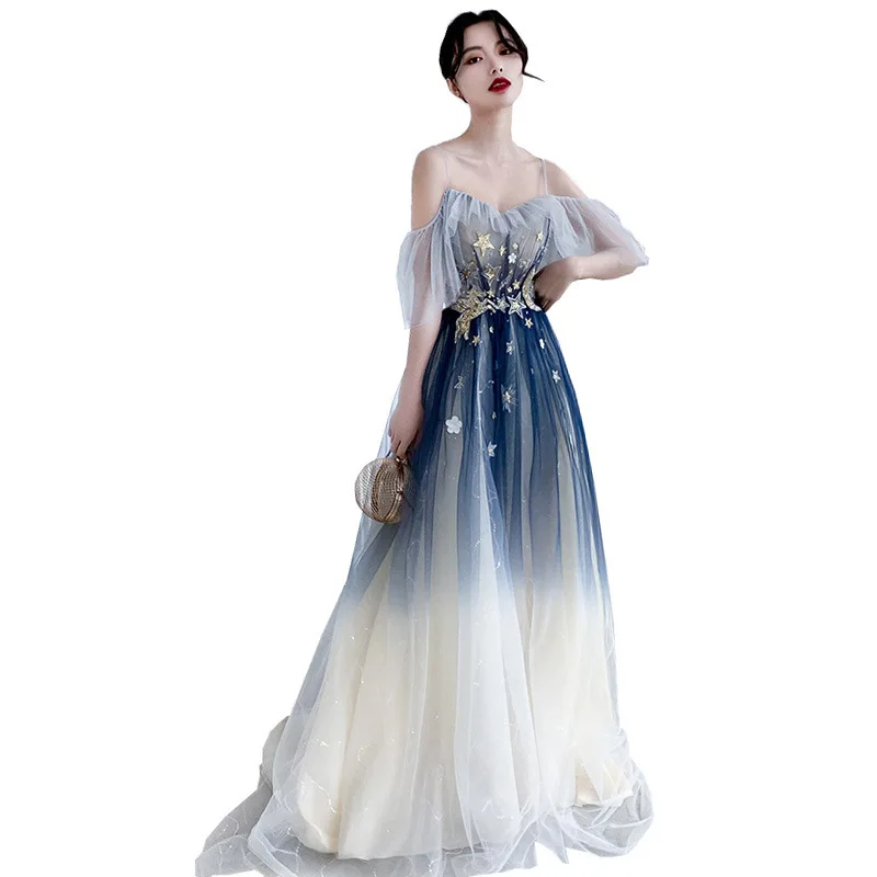 Vakaro Suknelės 2020 M. Tai Yiiya R248 Spageti Dirželis Valtis Kaklo Chalatas De Soiree Gradientas Blue - line Ilgai Šviečia vakarinę Suknelę