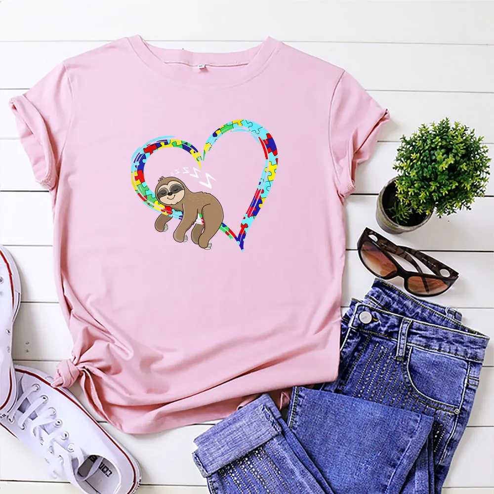 Plus Size 5XL Medvilnės Marškinėlius 2020 Tinginys Širdies Print T-shirt Moterims, Animacinių filmų Trumpas Rankovės Tees Vasaros Paplūdimio Marškinėliai Pink Viršūnės