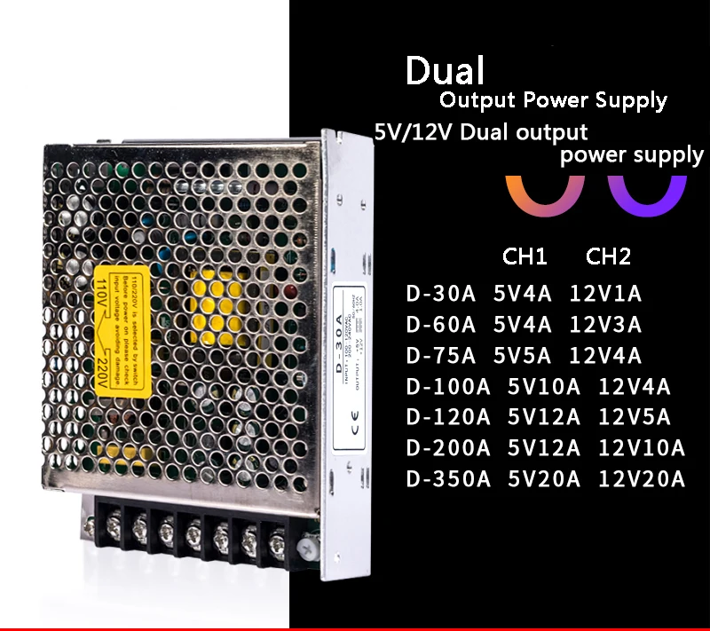 Dvigubo kanalo galia impulsinis maitinimo šaltinis D-30/60/75/100/120/200/150/350W 220V AC 24V Transformatorius 12V 5V DC SHINIU Prekės