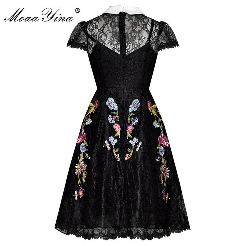 MoaaYina Mados kilimo ir tūpimo Tako suknelė Pavasario Vasaros Moterų Suknelė Nėrinių Gėlių Siuvinėjimas Juoda Elegantiška Suknelės