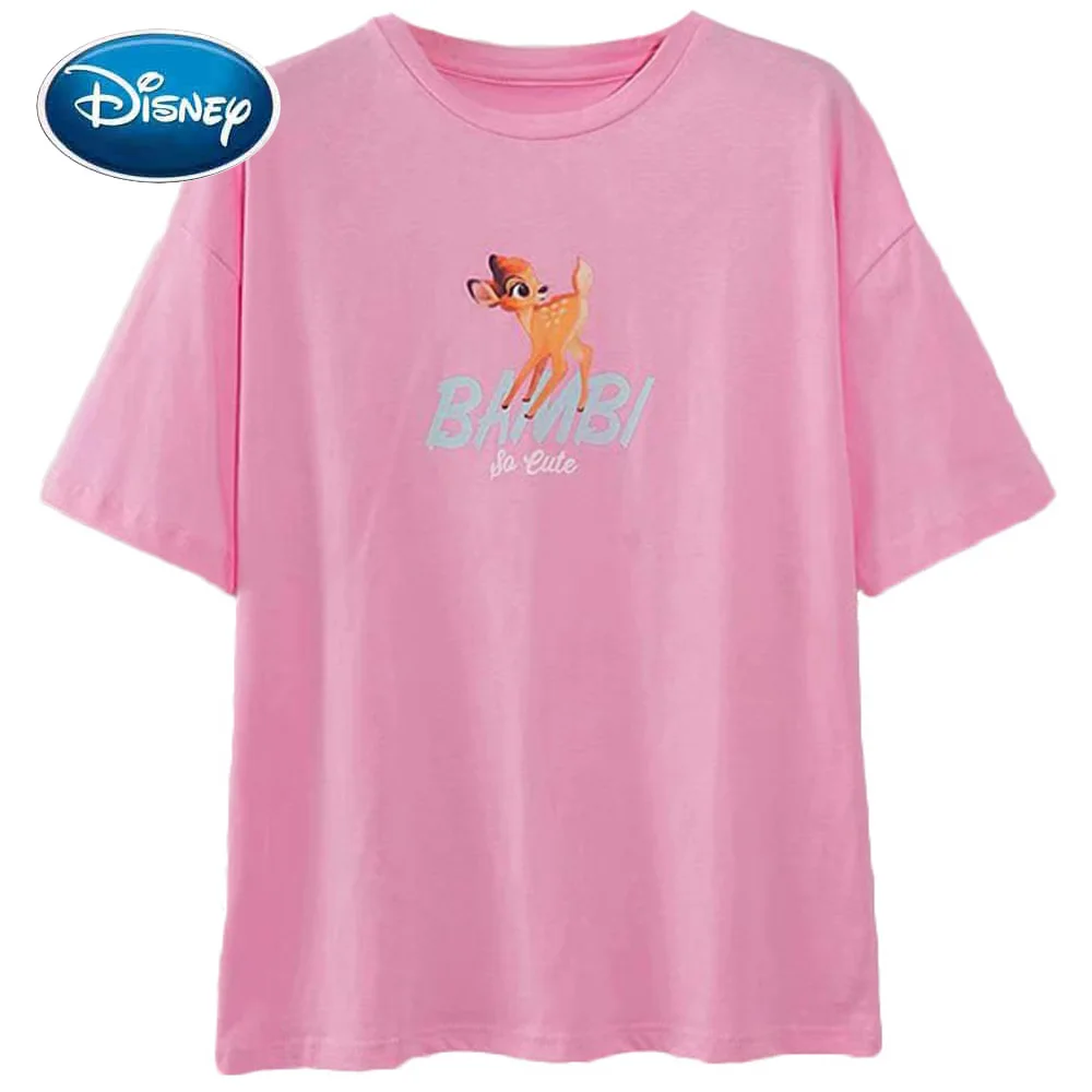 Disney Marškinėliai Mados Atgal Bambi Elnias Gėlių Animacinių Filmų Spausdinti Saldus Moterys T-Shirt O-Kaklo Trumpomis Rankovėmis Pink Cotton Tee Viršūnes Moteris