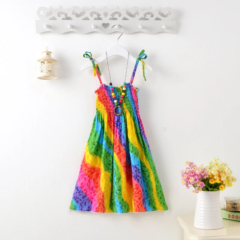 2020 metų Vasaros Mergaitės Rainbow Beach Suknelė Princesė Suknelės Paauglių Mergaičių Lino Drabužiai 3 6 9 12 Metų Karoliai Dovana