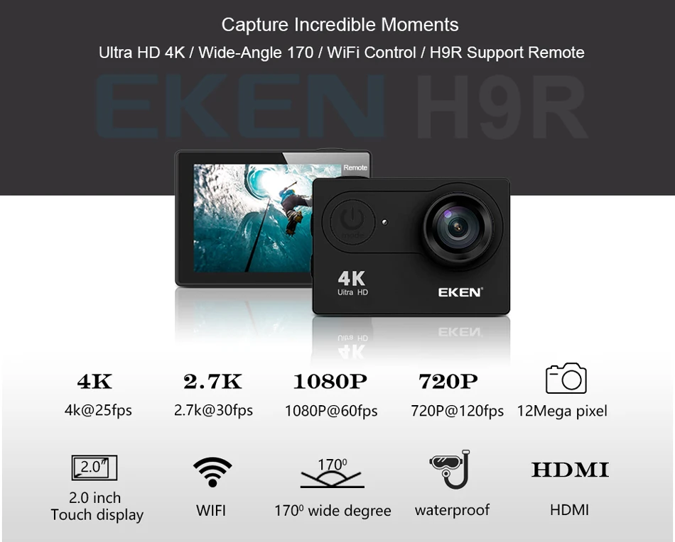 EKEN H9R Veiksmų fotoaparato 4K 30 FPS Ultra HD WiFi 2.0 170D po vandeniu Vandeniui atsparus Šalmas, Vaizdo Kameros eiti extreme pro Sporto Cam