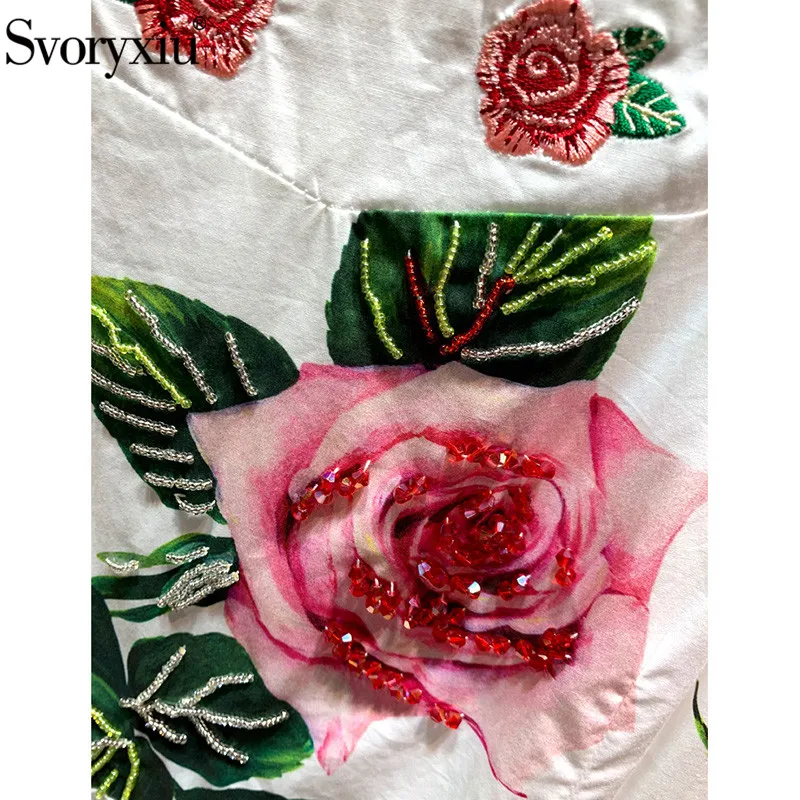 Svoryxiu Elegantiškas Rožių Gėlių Spausdinti Balti Spagečiai Dirželis Ilga Suknelė Moterų Mados Zawalcowany Siuvinėjimo Vasaros kilimo ir tūpimo Tako Suknelė