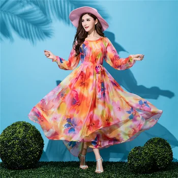 2019 Karšto Orange Pavasario Ir Vasaros moters Šifono Suknelė ilgomis rankovėmis Bohemijos paradinėmis Holiday Beach Maxi Suknelė