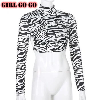 2020 m. Rudenį Rudenį ilgomis Rankovėmis marškinėlius Moterims Zebra Stripes Pasėlių Viršuje Streetwear Atvira nugara Tuščiaviduriai Iš t Shirts Harajuku Nėrinių