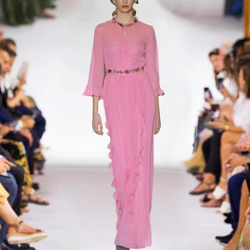 2020 metų Vasaros Elegantiškas Šifono Ruffles Ilga Suknelė Moterims kilimo ir tūpimo Tako Dizainerių O-kaklo, ilgomis Rankovėmis Plisuotos Maxi Suknelė