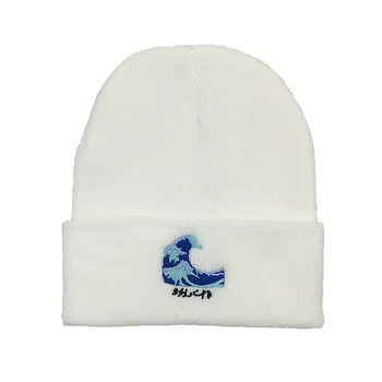 2020 Naujas Mados Harajuku Juoda Pora Banga Siuvinėjimo Beanies šiltą kepurę vyrų, moterų žiemos Hip-hop bžūp skrybėlės