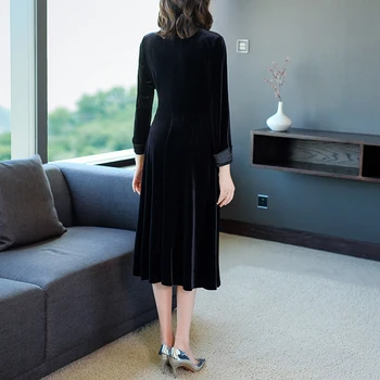 2021 naujas Moterų aksomo suknelė V kaklo Tuščiaviduriai iš midi ilgomis rankovėmis Moterų suknelė plonas juosmens elegantiškas šalis suknelė mujer