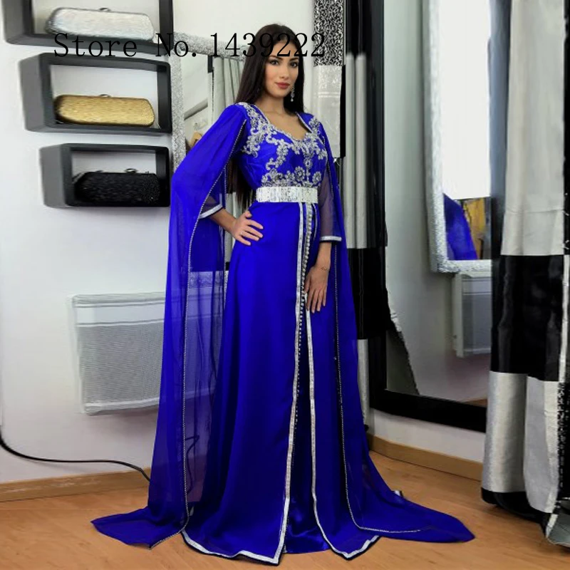 Royal Blue Maroko Kaftan Šifono Vakaro Suknelės Ilgio Karoliukų Nėrinių Appliques Saudo Arabų Musulmonų Ypatinga Proga Chalatas De Soiree