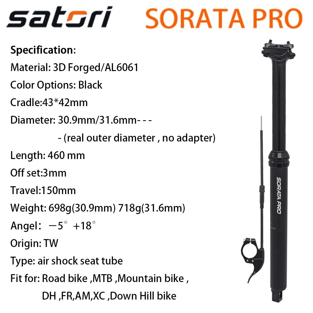 Satori SORATA COMP/PRO užkratas nuo balnelio iškyšos reguliuojamo aukščio nuotolinio 150mm 125 mm vidaus išorės laidus 30.9 31.6 mm