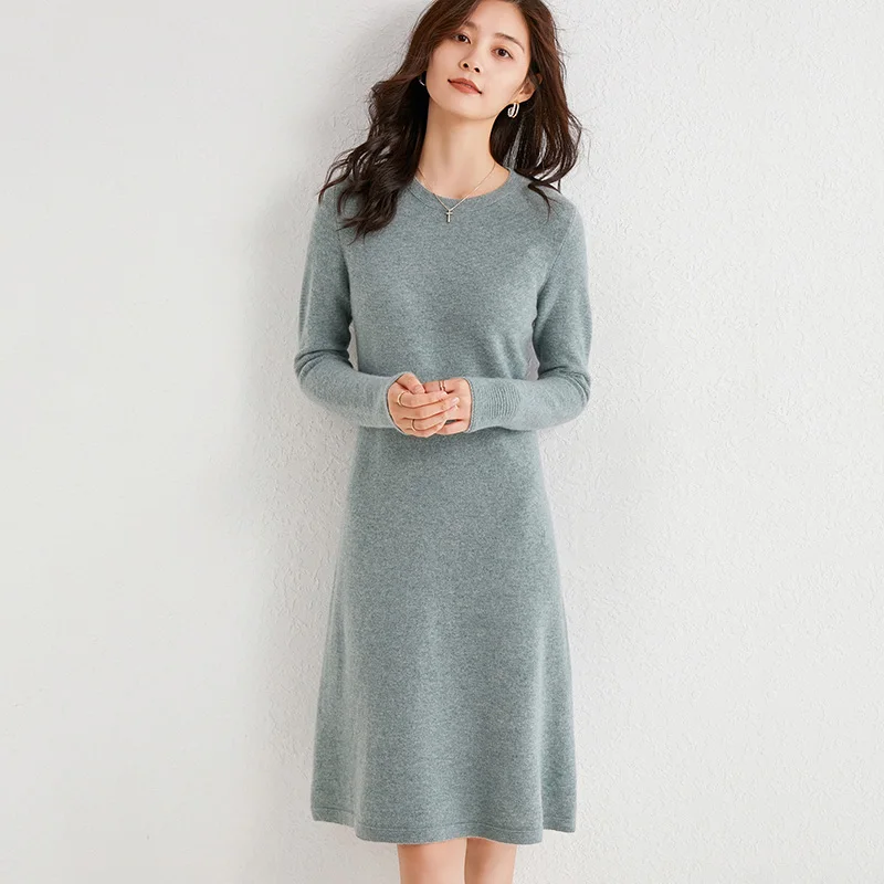 Moterų drabužiai elegantiškas, kietas megztinis ilgomis rankovėmis megztos natūralios vilnos megztinis džemperis-suknelė