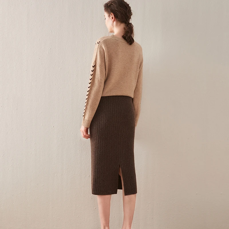 Rudenį, žiemą vilnos sijonas moterų aukšto juosmens elastinga juosmens megzti kašmyras sijonas apačioje liekninamasis įvyniojimas klubo sijonas vidutinio stilius