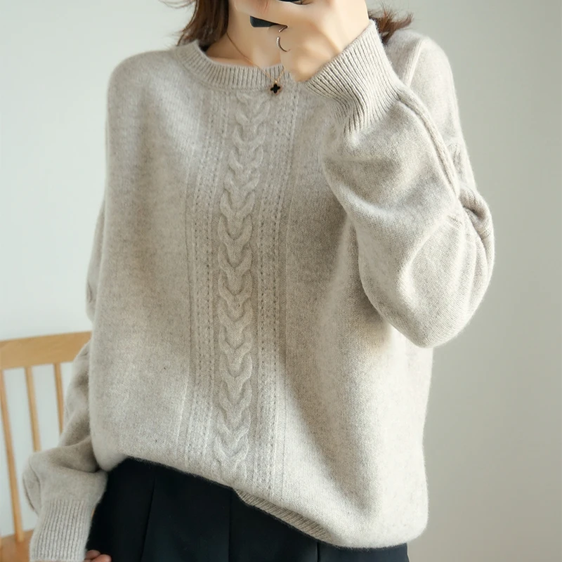 Moterų žiemos naujas kašmyro megztinis apvalios kaklo, ilgomis rankovėmis megztinis džemperis large dydis prarasti atsitiktinis dugno megztinis-Pristatymas