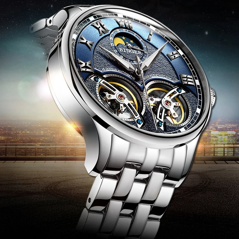 Šveicarija Double Tourbillon Vyrai Automatinis Mechaninis laikrodis Laikas, Mėnulio Fazė Vandeniui Šviesos rankas Atsitiktinis Sporto Laikrodžiai