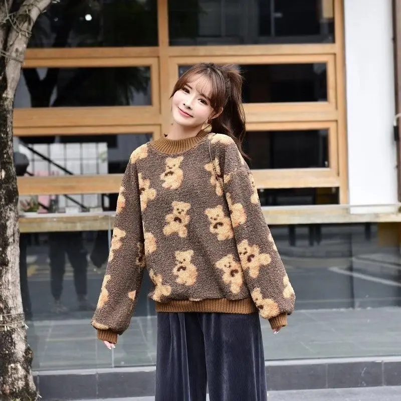 2020 M. Išperkamų Spausdinti Puloveris Ėriukų Vilnos Paltai Rudenį Korėjos Autunmn Negabaritinių Šiltas Streetwear Moterų Žiemos Viršūnes Japonijos Mados