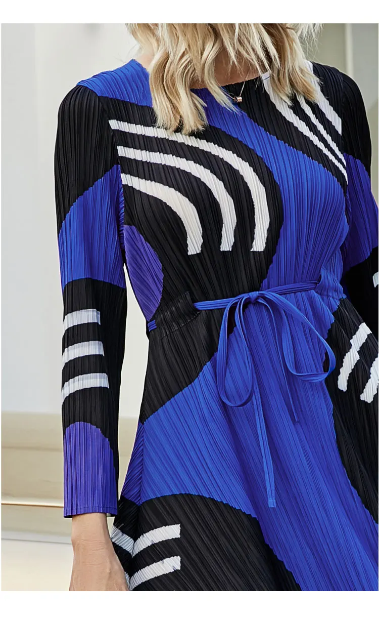 2020 m. Žiemos Derliaus priežastinis geometrinis estetinės spausdinti suknelė miyake plisuotos ilgomis rankovėmis Varčias apvalios kaklo omighty bohemijos suknelė
