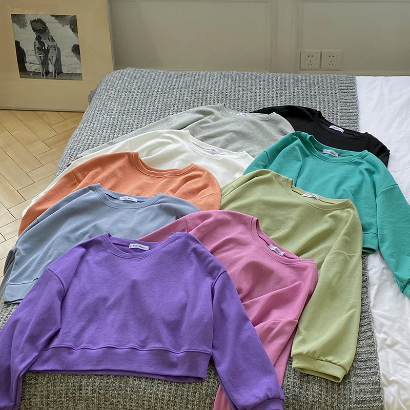9 spalvų rudenį 2020 korėjos stiliaus Moterims Palaidinės soild saldainiai spalvos trumpa Palaidinukė Moterų puloveriai (F4097)