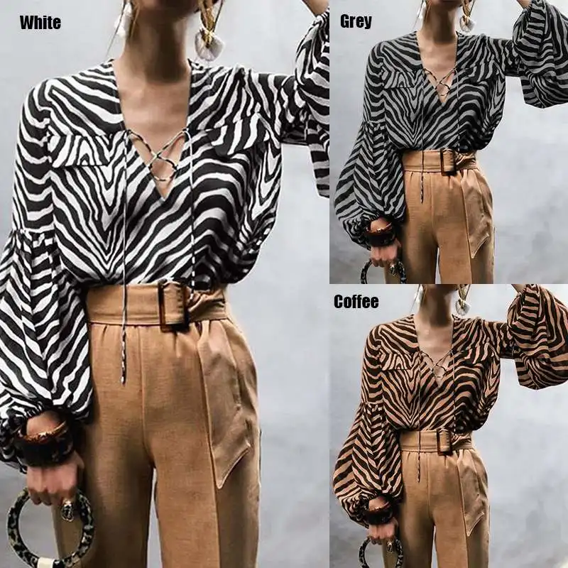 Celmia Rudenį Moterų Palaidinė Sexy V-kaklo Marškinėliai 2021 Atsitiktinis Žibintų Rankovės Nėrinių Zebra Modelio Darbą Viršūnes Plius Dydis Blusas Mujer